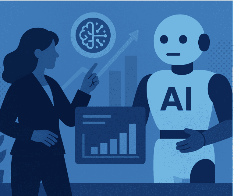 A woman gestures toward a graph while standing next to a robot labeled "AI" with charts and a brain icon in the background.